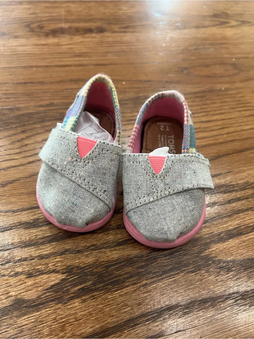 Toms Baby Slip-On Shoes in Natural and Pink with Multicolor Plaid Accent